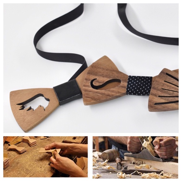 Hand Carved Angle Wings Wooden Butterfly Bow Tie - Picture 7 of 8